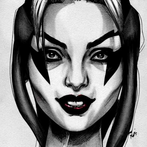 Prompt: harley quinn headshot portrait drawn in black and white watercolor, manga panel style, wlop, trending on artstation