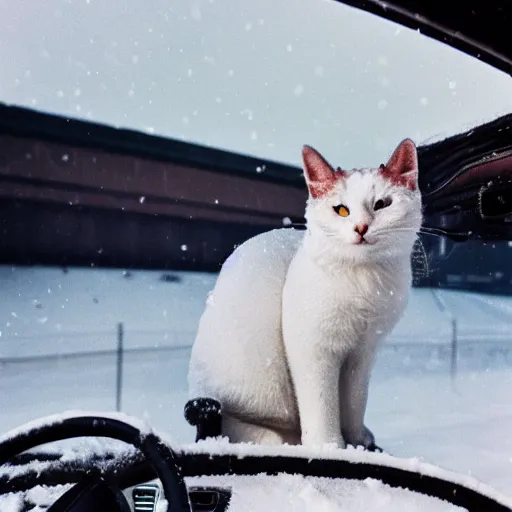 Prompt: snow frost cat in the car driving on the speedway, detailed and film style, film with 70mm
