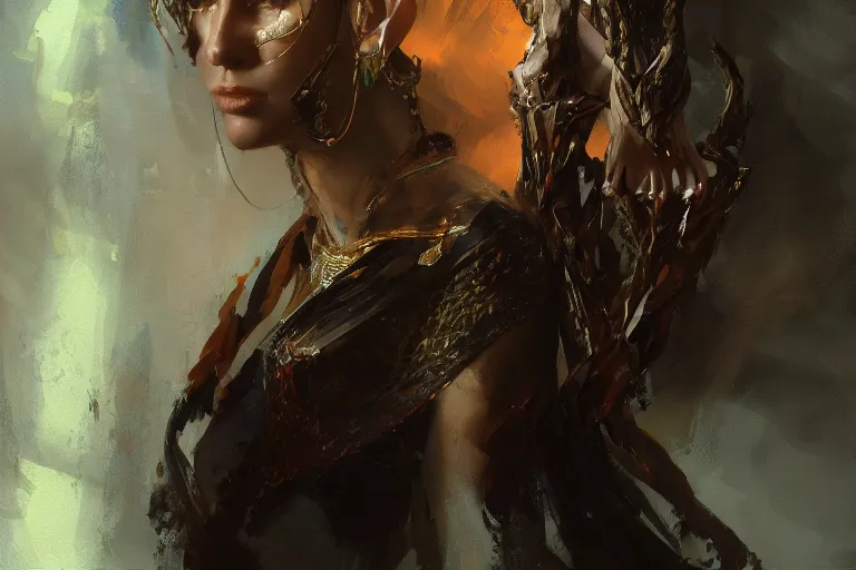 Image similar to A dark and mysterious painting of an elven queen by Craig Mullins, beautiful, hyperrealistic, professional, dramatic lighting, extremely high detail, trending on artstation