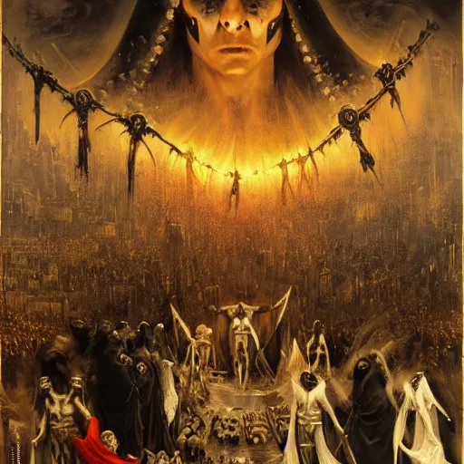 Image similar to dante's inferno, with people in black hooded tunic like in the film eyes wide shut of stanley kubrick, illuminati symbol, crows, skeletons, crosses, dark beauty, rotten gold, perfect faces. highly detailed painting by gaston bussiere and j. c. leyendecker 8 k