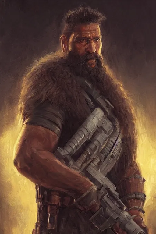 Image similar to portrait of a man by greg rutkowski, old bounty hanter, samoan features, tall and muscular, epic beard, star wars expanded universe, he is about 4 0 years old, wearing tactical gear.