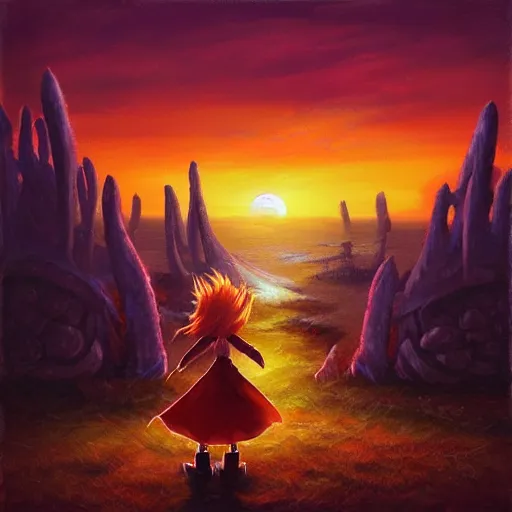 Prompt: painting of vivi!!!!!!!! from final fantasy 9!!!!!, watching a purple and orange sunset!!, from the black mage cemetery!!!, in the style of justin gerard!!!!