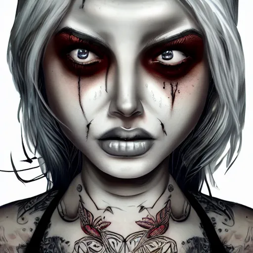 Prompt: Hot young woman, winking, grey skinned, void eyeballs, white hair, tattoos, wearing leather and a white blouse, digital art, concept art, ultra detailed, 4k, 8k