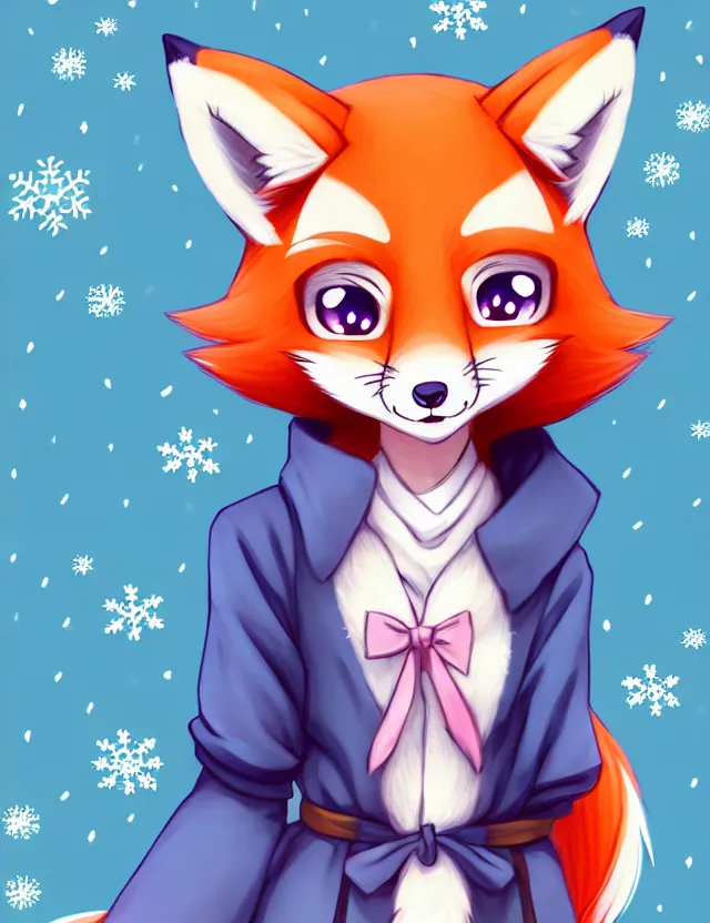 Image similar to a cute anthropomorphic rare type of fox girl anthro wearing indigo ribbons and a fluffy robe, winter park background, very anime!!! kawaii!! furry!! intricate details, aesthetically complementary colors, scenic background, art by rising artists with a radically new style. trending on artstation, top rated on pixiv and furaffinity