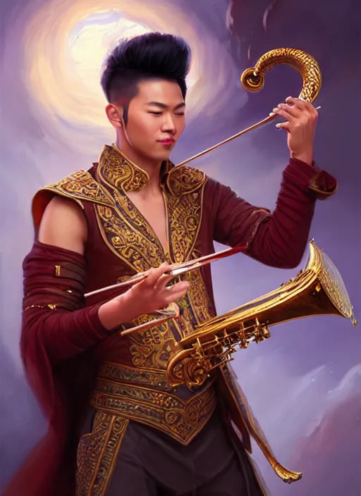 Image similar to a _ fantasy _ style _ portrait _ painting _ of asian male charismatic bard playing instrument, rpg dnd oil _ painting _ unreal _ 5 _ daz. _ rpg _ portrait _ extremely _ detailed _ artgerm _ greg _ rutkowski _ greg