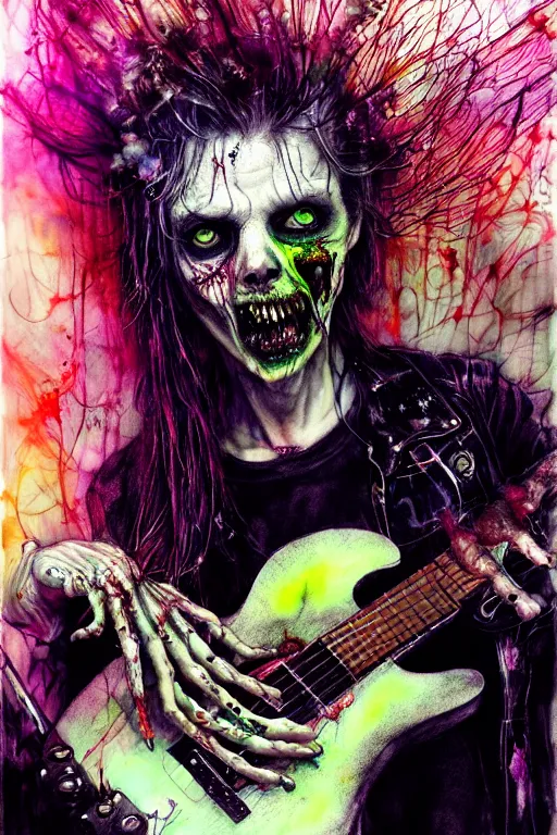 Image similar to zombie punk rocker playing guitar by agnes cecile, brian froud, intricated details, 3 / 4 view, full body portrait, extremely luminous bright design, horror, pastel colours, toxic drips, autumn lights