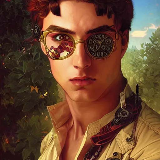 Prompt: a comic book portrait painting of a fantasy steampunk male, highly detailed, art by tristan eaton and artgerm and william - adolphe bouguereau