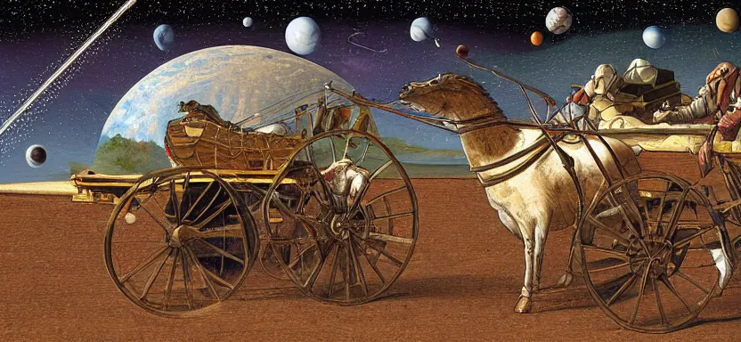 Prompt: a view of the planets in space from the back of a medieval horse - drawn cart, digital art, extreme detail