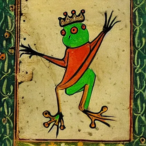 Prompt: beautiful medieval book manuscript painting of a frog wearing a crown