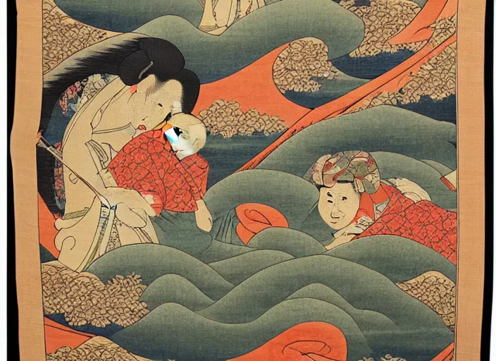 Image similar to Ukiyo-e style tapestry, Japanese, Persian carpet