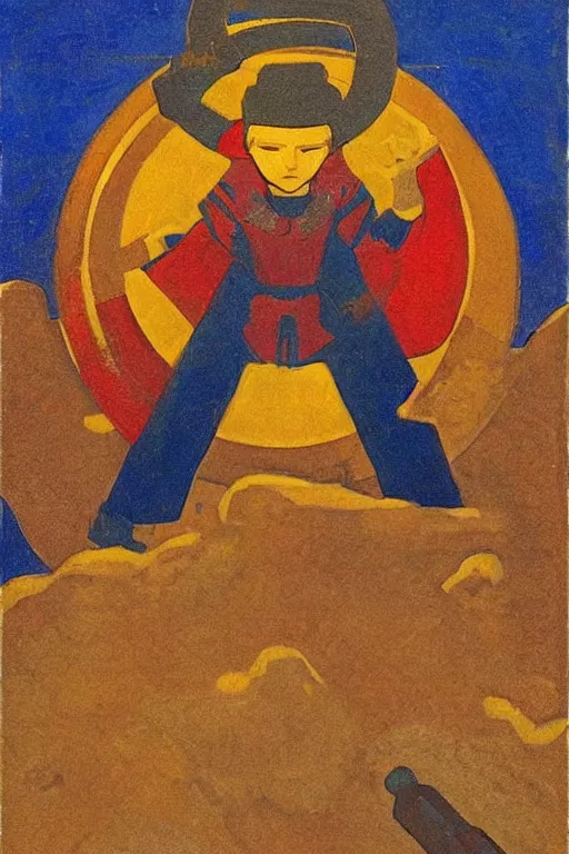 Image similar to thor holding the hammer, marvel, artwork by nicholas roerich,