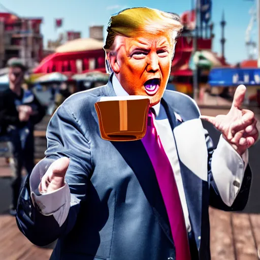 Image similar to donald trump slamming pudding onto citizens, citizens soaked with pudding, golden hour, boardwalk, professional photography