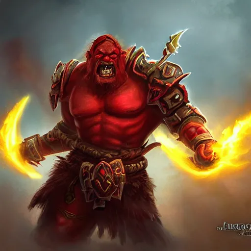 Image similar to red orc warrior, red theme lighting, battlefield background, in hearthstone art style, epic fantasy style art, fantasy epic digital art, epic fantasy card game art