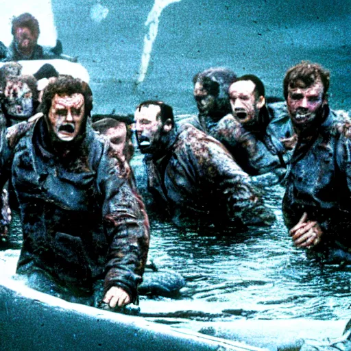 Prompt: a movie by Ridley Scott showing zombies over running a nuclear submarine