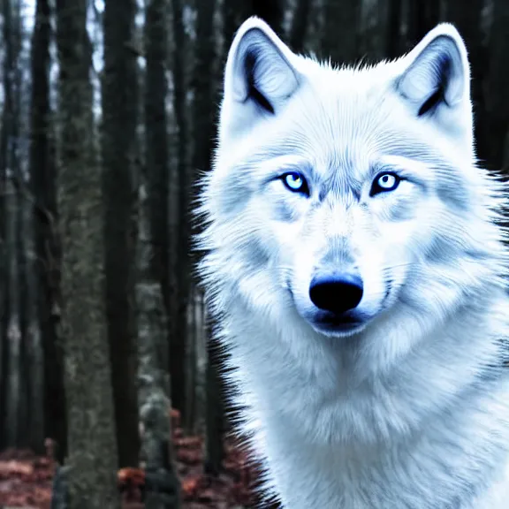 Prompt: white wolf with blue eyes stands in a dormant autumn forest, no yellow color in eyes, no yellow color, realistic