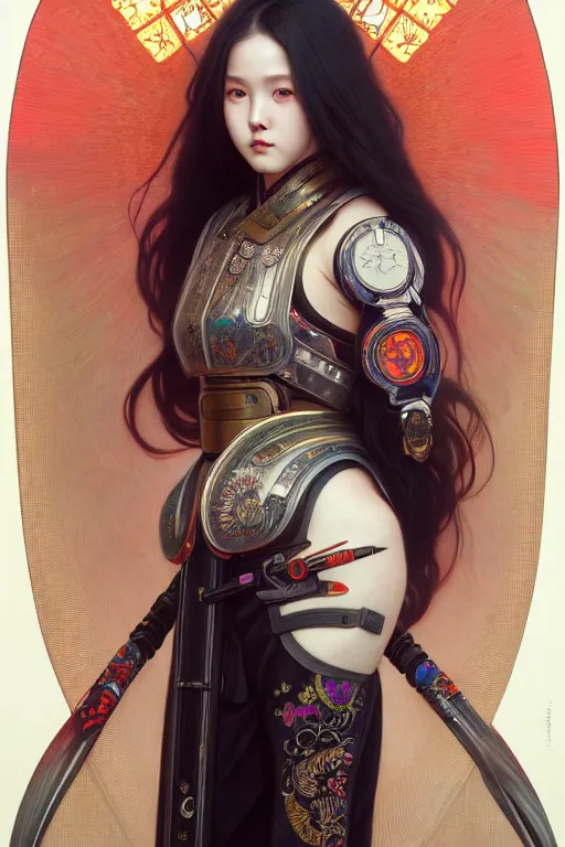 Prompt: full body painting of olivia hye loona cyberpunk samurai smiling, ultra realistic, concept art, intricate details, eerie, highly detailed, photorealistic, octane render, 8 k, unreal engine. art by artgerm and greg rutkowski and magali villeneuve and alphonse mucha