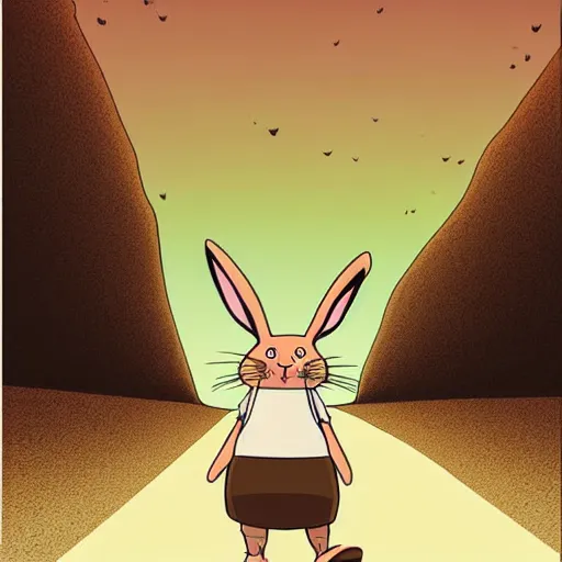 Image similar to a study of cell shaded cartoon of a rabbit dancing on a desert road, full body, wide shot, very muted colors, post grunge, studio ghibli, laurie greasley, highly detailed, deviantart, art by artgem