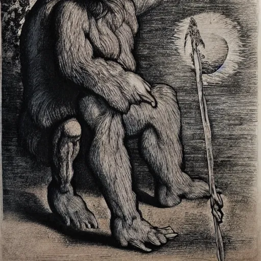 Image similar to detailed illustration, bigfoot in the style of leonardo da vinci,