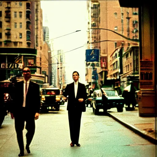 Image similar to portrait of a man walking in a suit in the streets of new york, 1 9 6 0 s, street photography taken with ektachrome, featured on flickr, photographed on expired film