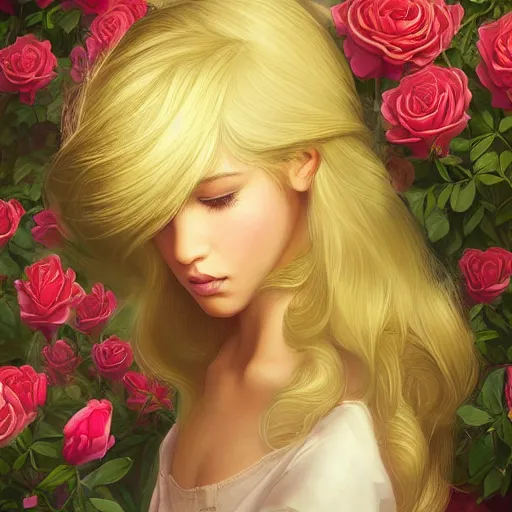 Image similar to the little prince standing in a garden of roses, blond hair, gorgeous, amazing, elegant, intricate, highly detailed, digital painting, artstation, concept art, sharp focus, illustration, art by ross tran