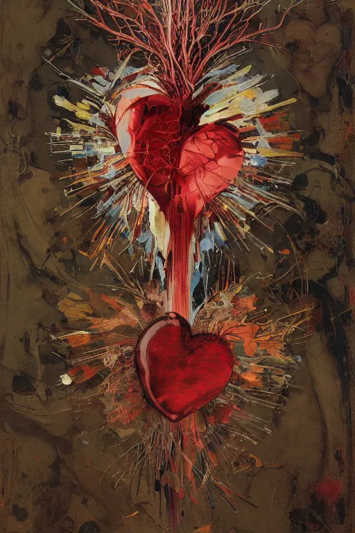 Image similar to accurate anatomical heart imagined as painting palette, wood boart palette, paintbrushes, paint mix, painted by ruan jia, raymond swanland, lawrence alma tadema, zdzislaw beksinski, norman rockwell, jack kirby, tom lovell, alex malveda, greg staples, artgerm, greg rutkowski and alphonse mucha