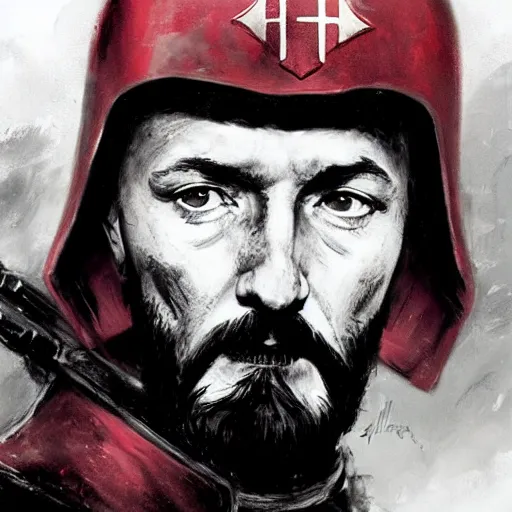 Image similar to felix dzerzhinsky as holy red knight protector of mother russia, colourised, face portrait, epic, military art, fantasy, dieselpunk, hd shot, digital portrait, beautiful, artstation, comic style, by artgerm, guy denning, jakub rozalski, magali villeneuve and charlie bowater