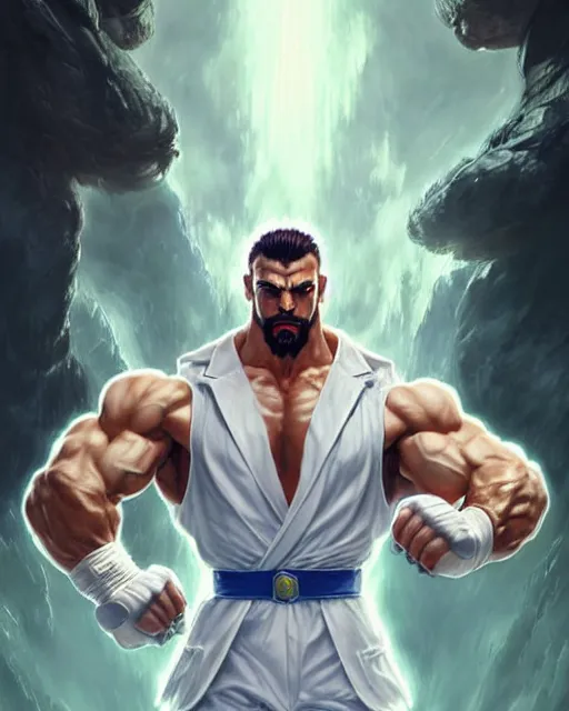 Image similar to gigachad luigi bodybuilder fighting like street fighter in a white suit, fantasy character portrait, ultra realistic, anime key visual, full body concept art, intricate details, highly detailed by greg rutkowski, ilya kuvshinov, gaston bussiere, craig mullins, simon bisley