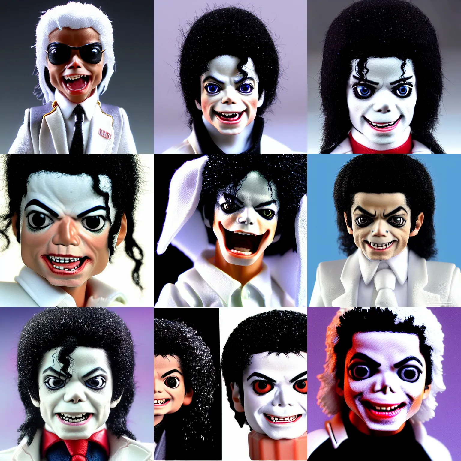 Prompt: macro head shot 8 5 mm of crazy michael jackson as baby! rockstar dancer with white suit by neca!!! cute! pretty! beautiful! very detailed realistic action figure by neca in the style of pixar, character from fighting game, film still, bokehs