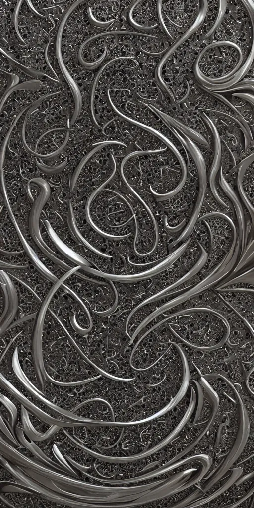 Prompt: a photorealistic render of a 3 d arabic calligraphy, made of liquid metal and marble, cinema 4 d, by zhelong xu, gakkin and ernst haeckel, hyper realistic, plain background, 8 k, volumetric lightning, trending on artstation