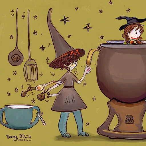 Prompt: an adorable kitchen witch brewing coffee in a cauldron, bokeh swirling steam, children's book illustration by Tony DiTerlizzi