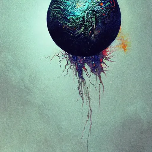 Prompt: a sphere being covered by extremely detailed splatters of abstract paint, engulfed in flames in the style of, pascal blanche, surreal, beksinski, high detailed
