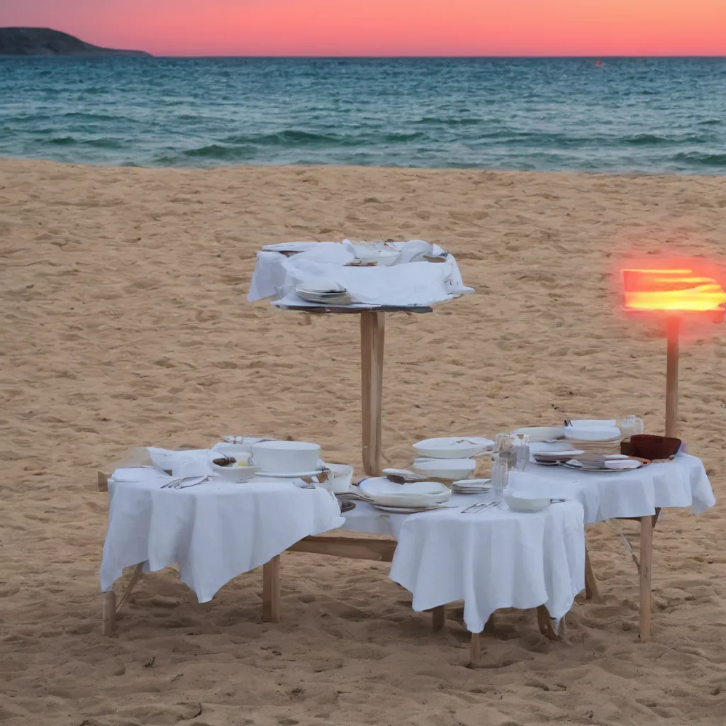 Image similar to professional photo of empty white dish in the middle over a table with a sunset on the beach in the background