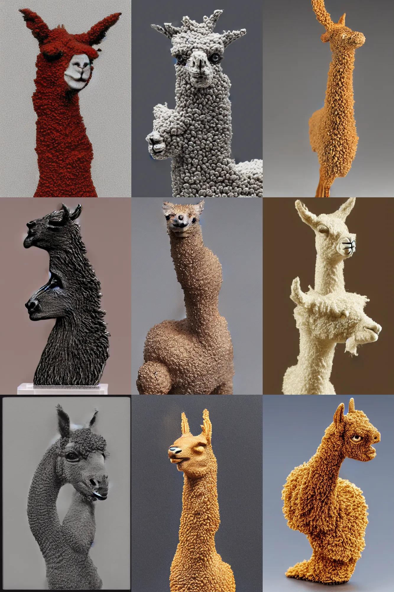 Prompt: multiphoton lithography nano-scale sculpture of a llama portrait