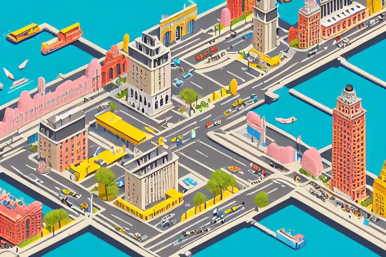 Image similar to highly detailed isometric illustration of a city scape by Wes Anderson, hyperrealistic, photorealistic, artstyle, highly detailed, sharp