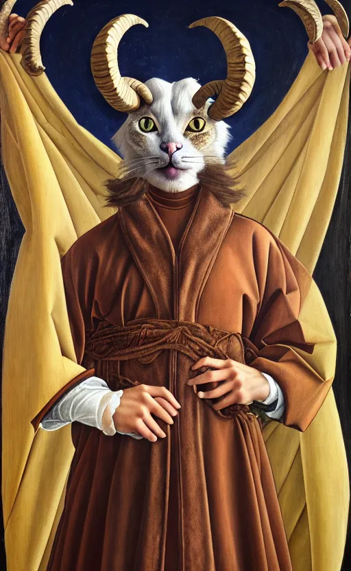 Image similar to a bipedal cat that has goat horns, anthropomorphic cat that is wearing robes, oil painting, by sandro botticelli, dnd, character reveal, cosmic, magical, fog, noble, full body portrait, intricate, ornate, extremely detailed, cult, ritual, 4 k, 8 k