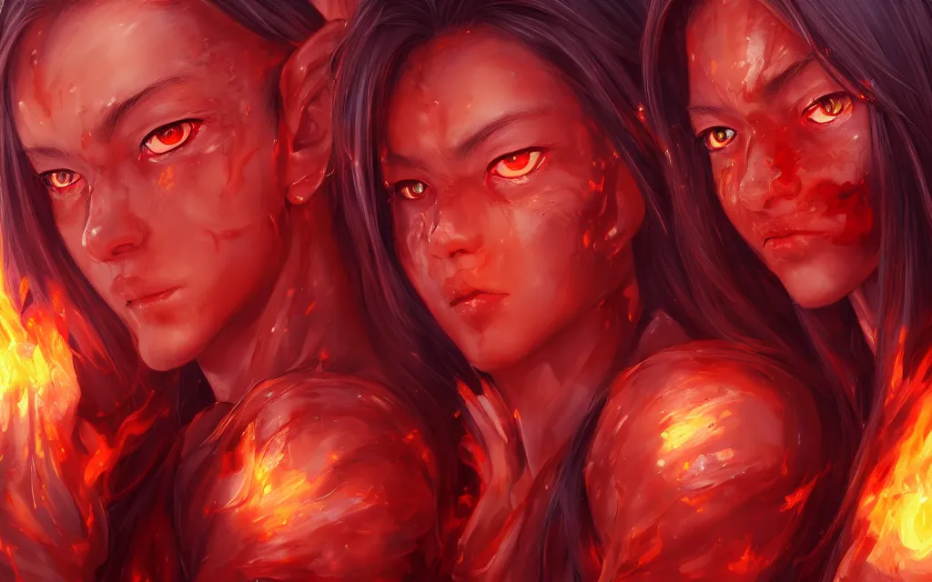 Image similar to A realistic anime portrait of a beautiful fire spirit twins with glowing red eyes and firey skin wearing clothes made of flames, digital painting, by Stanley Artgerm Lau, Sakimichan, WLOP and Rossdraws, digtial painting, trending on ArtStation, SFW version