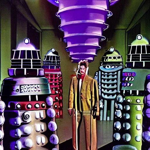 Prompt: color photograph of daleks and cybermen on the catwalk of fashion show, off camera flash, low camera angle, in the style David Hardy science fiction artist