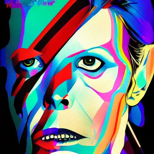 Prompt: beautiful portrait of David Bowie, impressive colorful artwork, many details, high contrast, 4K, by Harry Clarke, Ilya Kuvshinov, James Abbott McNeill Whistler