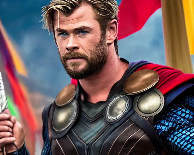 Image similar to Chris Hemsworth as thor at a gay pride event, cinematic shot, 8k resolution, hyper detailed