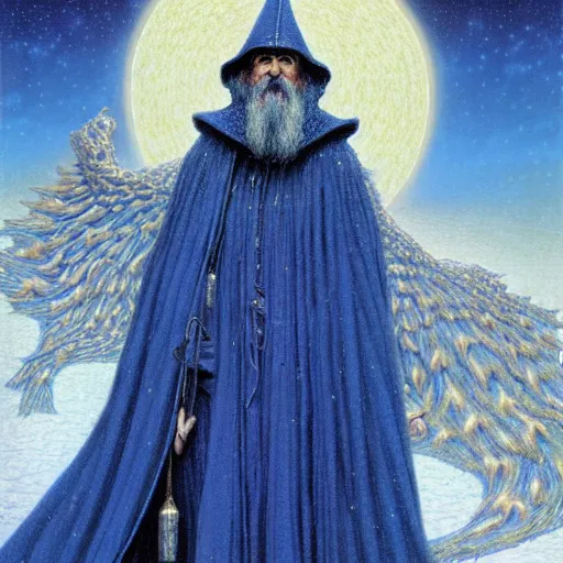 Image similar to majestic wizard with white long beard, blue coat with golden stars ornament, by wayne barlowe