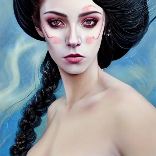 Prompt: facial portrait of a young pretty woman in flowing dress, arrogant, mysterious, long fine flowing hair, delicate, looking at camera, slightly awkward smile, realistic face, no hands visible, intricate, stylish, elegant, grimdark fantasy, vibrant, extremely detailed painting by Harumi Hironaka and Gerald Brom and Greg Rutkowski