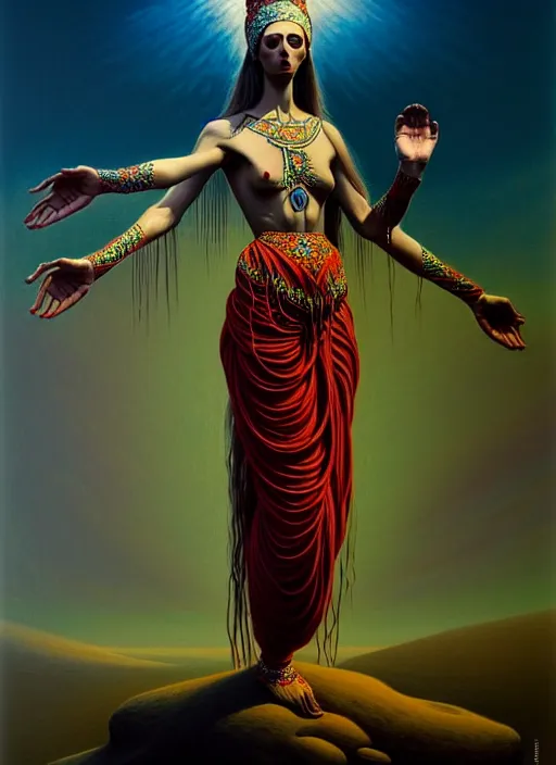 Image similar to full body portrait of marzanna slavic goddess with six arms in slavic clothes : concept art zdzisław beksinski, full body!! contour light effect!! hd, 4 k, ultra clear detailed : dark color gamma