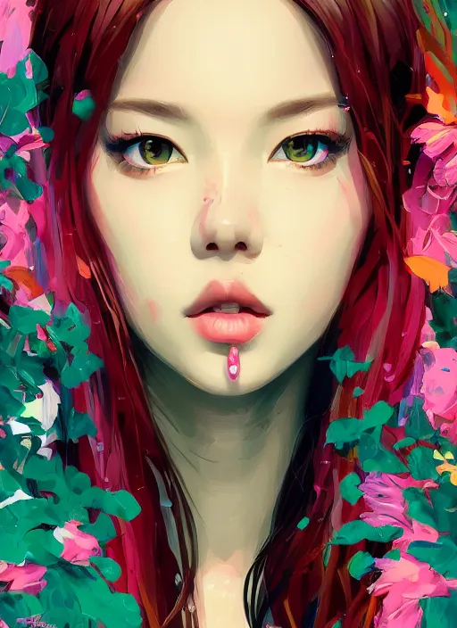 Image similar to lisa blackpink portrait illustration, pop art, splash painting, beautiful floral and plants ornaments in cloth and hair, art by ilya kuvshinov, greg rutkowski and makoto shinkai, dan mumford, artstation