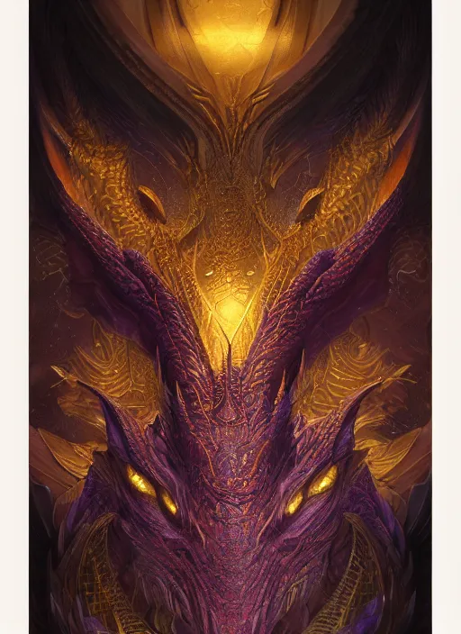 Image similar to octane render, a hyper detailed octane render of portrait of dragon, by xision, dan mumford and kerem beyit, sandara tang ， ellen jewett, sacred ; cloud, silk,, sacred, religion, artstation, magnificence, shimmer, purple detail, mysterious, gold paper with detailed line work, golden ratio