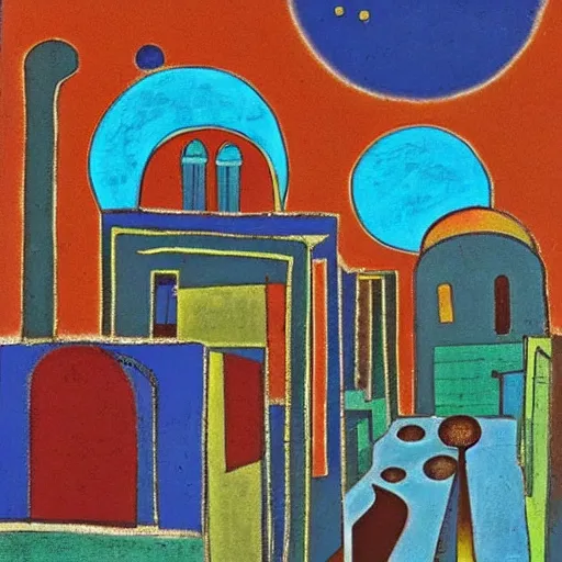 Prompt: omdurman's old streets, alleys, omdurman, an ancient islamic historical city with a moon disk wassily kandinsky : : abstract composition, turquoise and blue colors, surreal