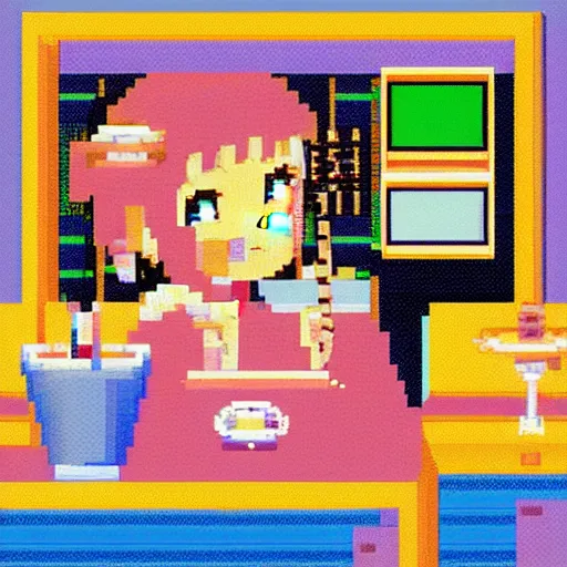 Prompt: \'pixel art anime girl in ramen cafe, soft colors, 1990\'