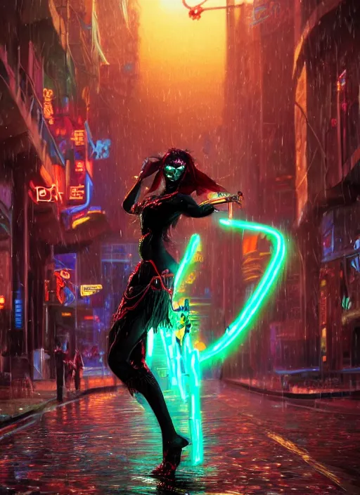 Prompt: An epic fantasy comic book style full body portrait painting of a very beautiful cyberpunk Hula Dancer in the rain, neon reflections in the rain puddles, character design by Mark Ryden and Pixar and Hayao Miyazaki, unreal 5, DAZ, hyperrealistic, octane render, cosplay, RPG portrait, dynamic lighting, intricate detail, cinematic