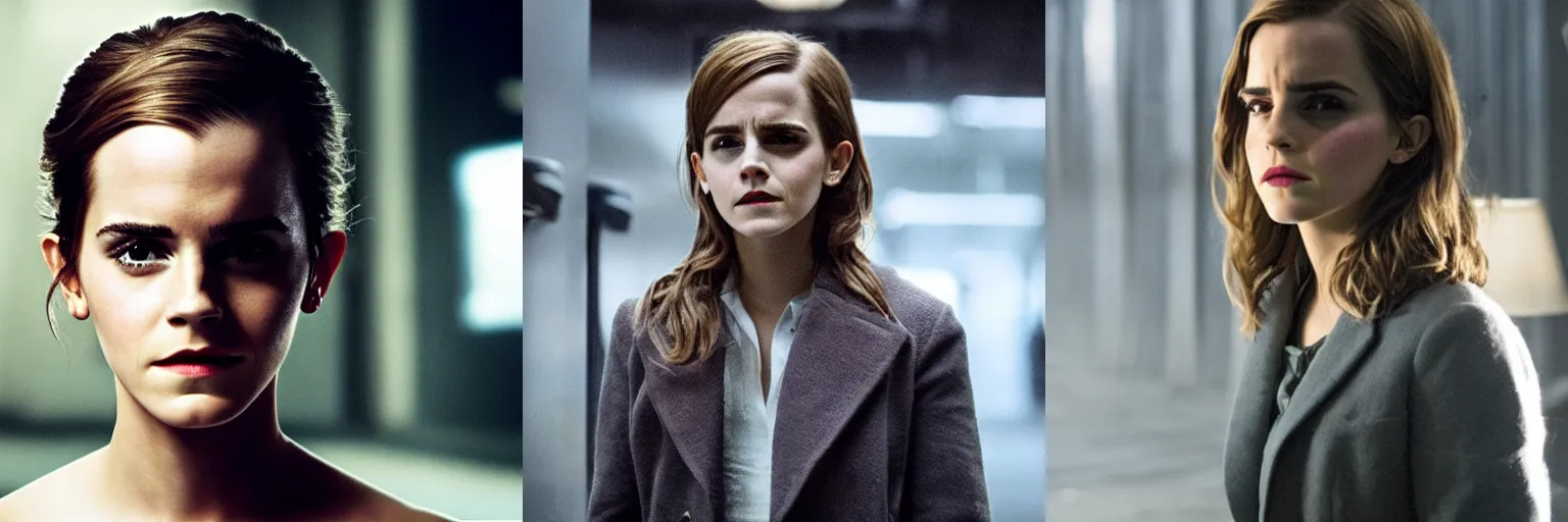 Prompt: close-up of Emma Watson as a detective in a movie directed by Christopher Nolan, movie still frame, promotional image, imax 70 mm footage