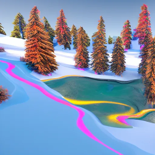 Image similar to psychedelic ski resort with hot springs, concept art, unreal engine 5 8k render