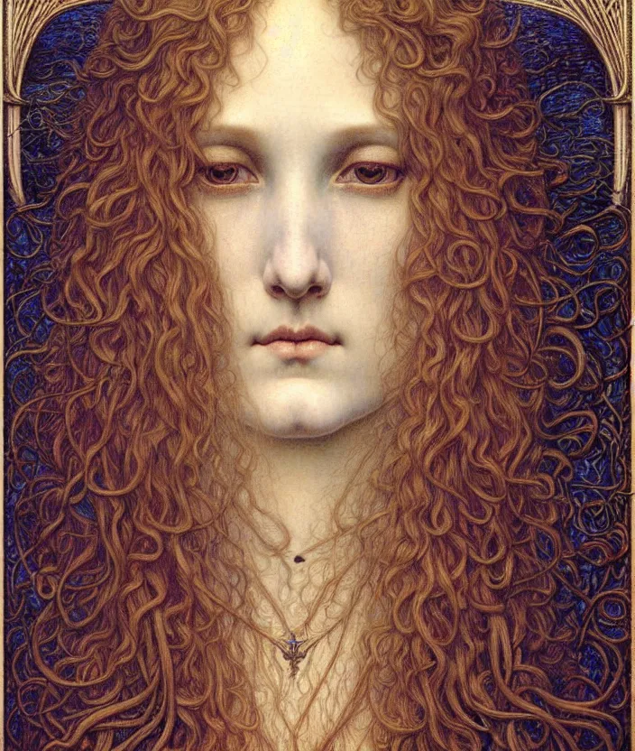 Image similar to detailed realistic beautiful young medieval queen face portrait by jean delville, gustave dore and marco mazzoni, art nouveau, symbolist, visionary, gothic, pre - raphaelite. horizontal symmetry